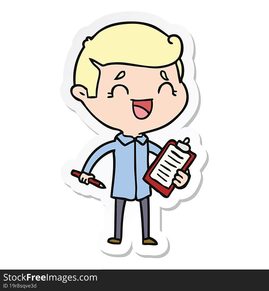 sticker of a cartoon laughing man with clip board