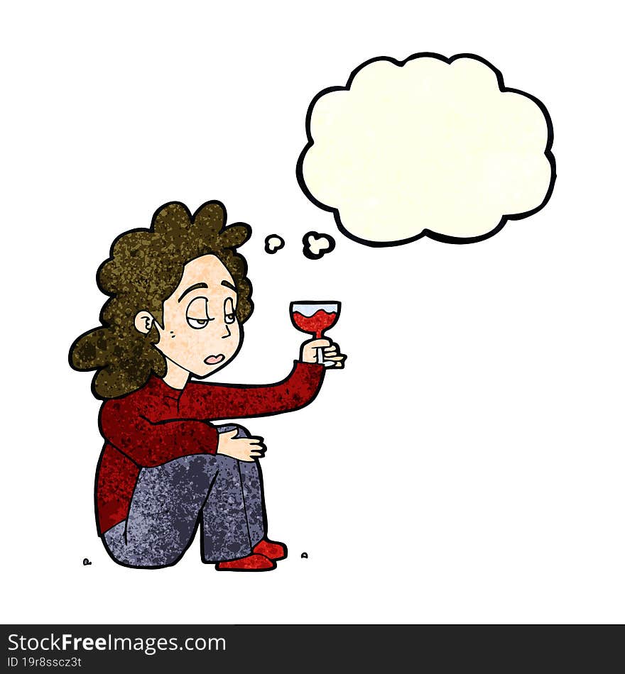 cartoon unhappy woman with glass of wine with thought bubble