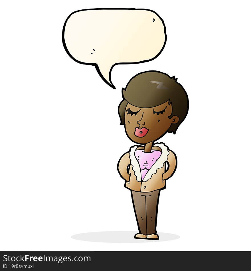 cartoon cool relaxed woman with speech bubble