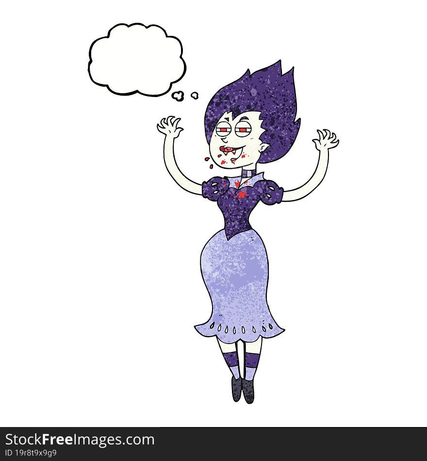 freehand drawn thought bubble textured cartoon vampire girl with bloody mouth