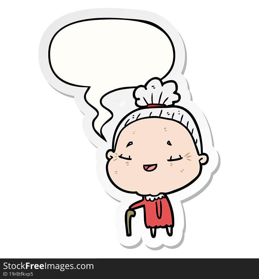 cartoon old woman with walking stick with speech bubble sticker. cartoon old woman with walking stick with speech bubble sticker