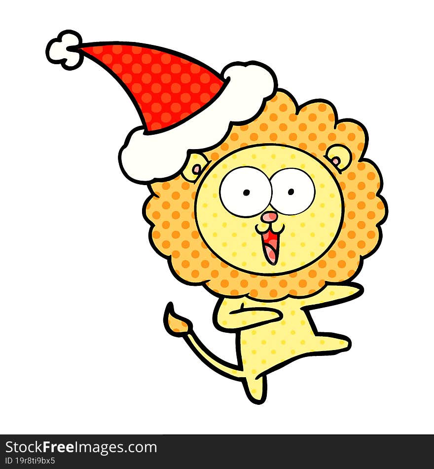 happy comic book style illustration of a lion wearing santa hat