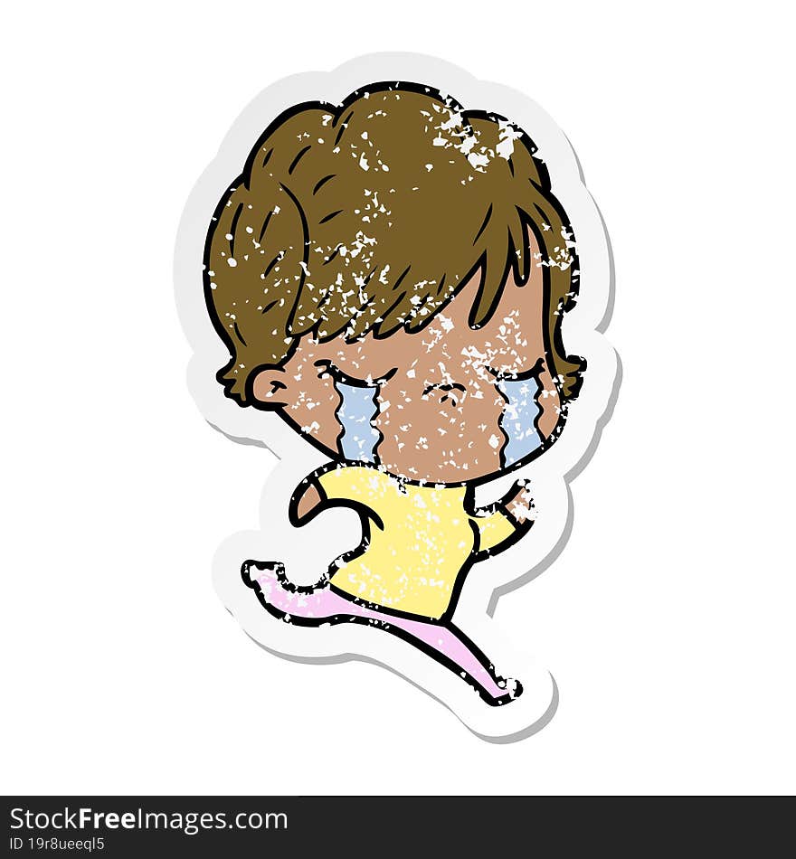 distressed sticker of a cartoon woman crying