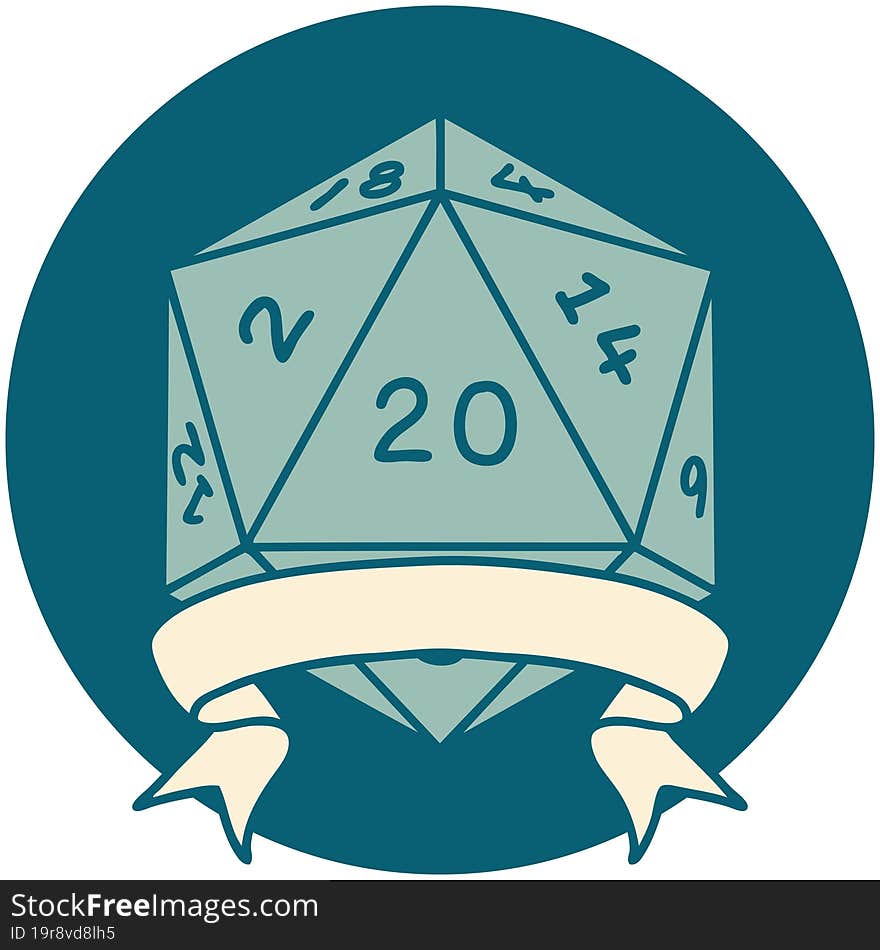 Retro Tattoo Style natural 20 critical hit D20 dice roll. Retro Tattoo Style natural 20 critical hit D20 dice roll