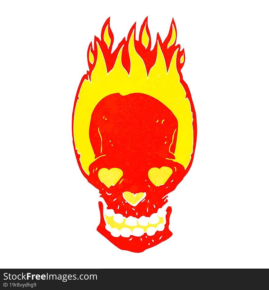 cartoon flaming skull with love heart eyes