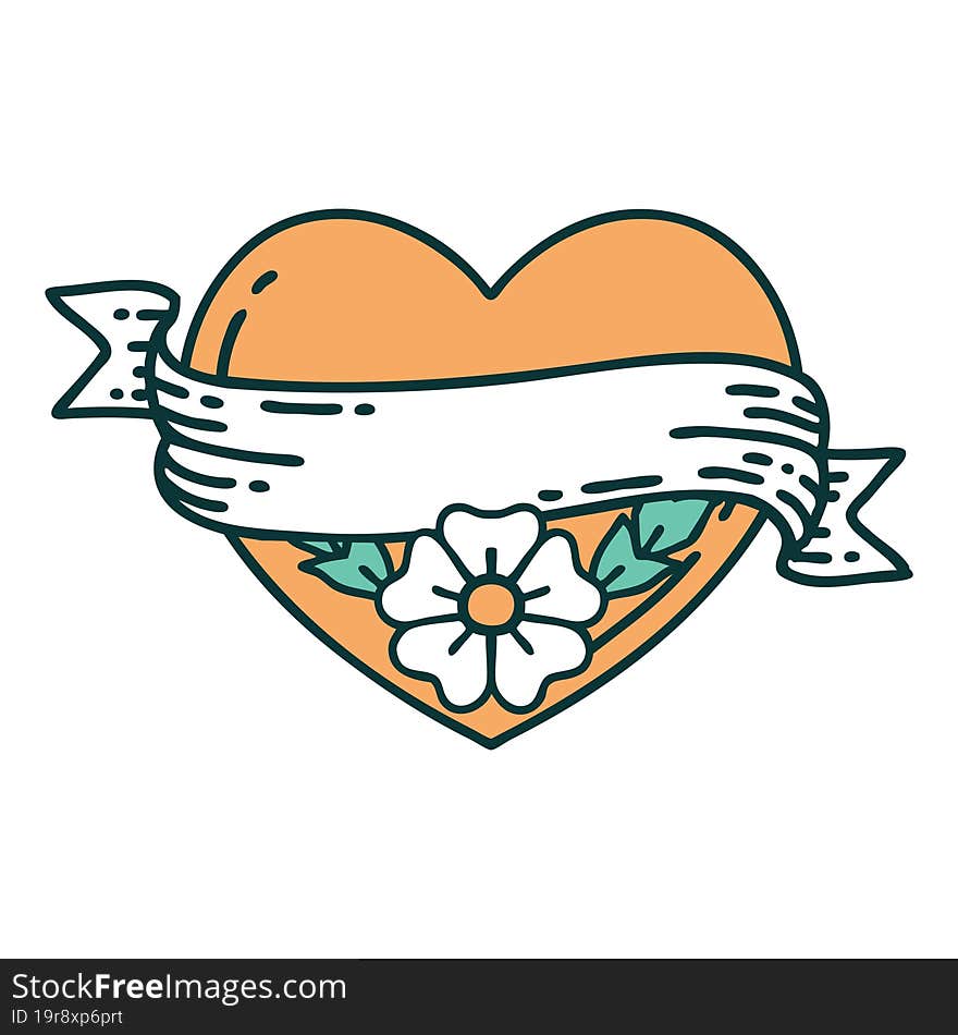 iconic tattoo style image of a heart and banner with flowers. iconic tattoo style image of a heart and banner with flowers