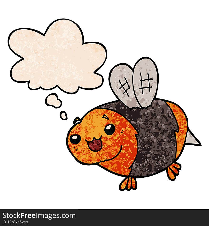 funny cartoon bee and thought bubble in grunge texture pattern style