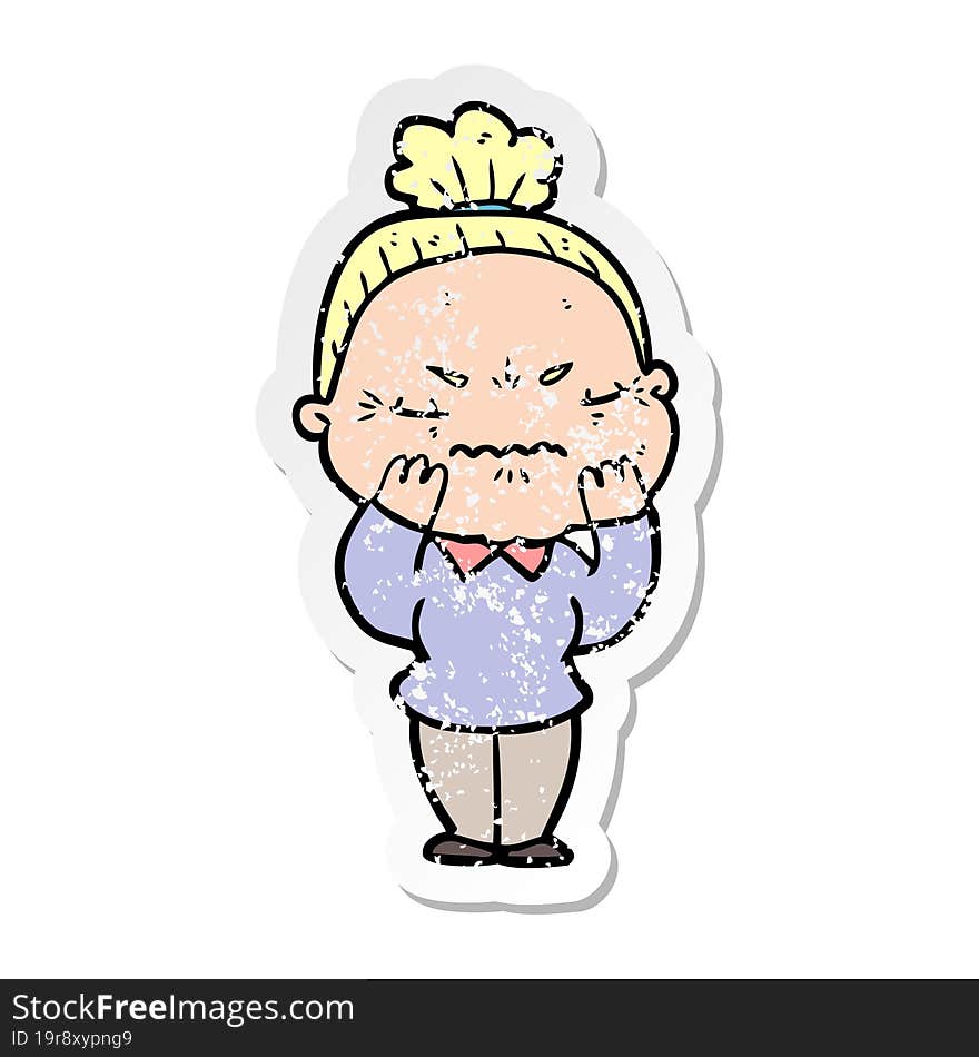 Distressed Sticker Of A Cartoon Annoyed Old Lady