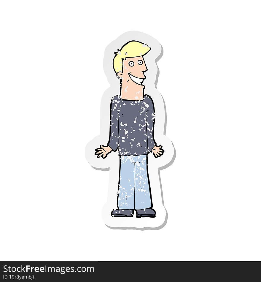 Retro Distressed Sticker Of A Cartoon Man Shrugging Shoulders