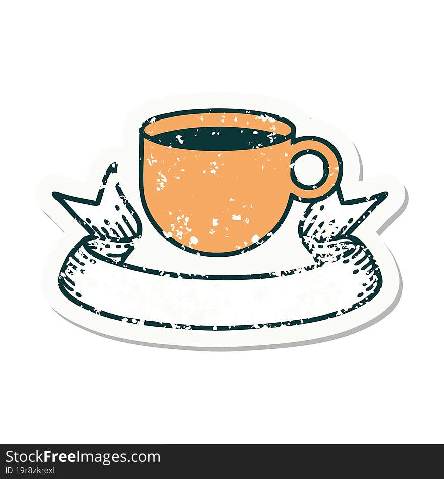 grunge sticker with banner of cup of coffee