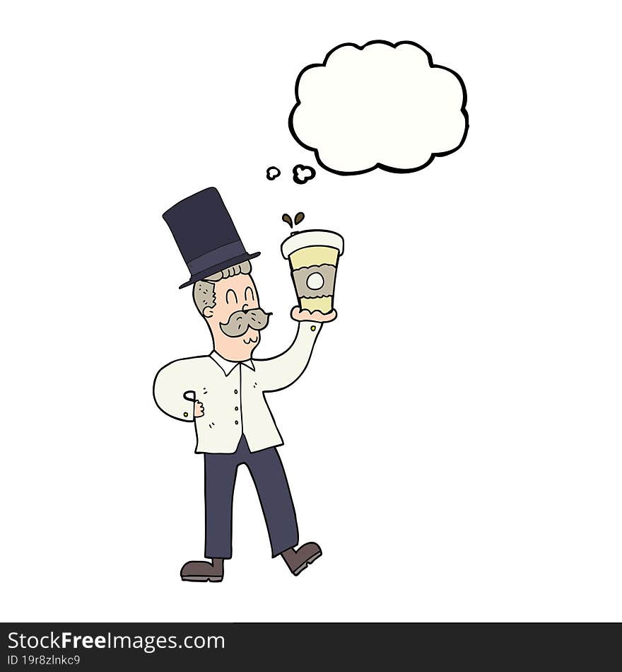 freehand drawn thought bubble cartoon man with coffee cup