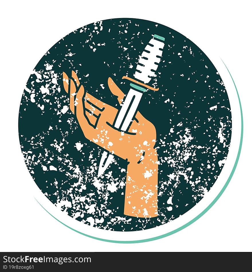 Distressed Sticker Tattoo Style Icon Of A Dagger In The Hand