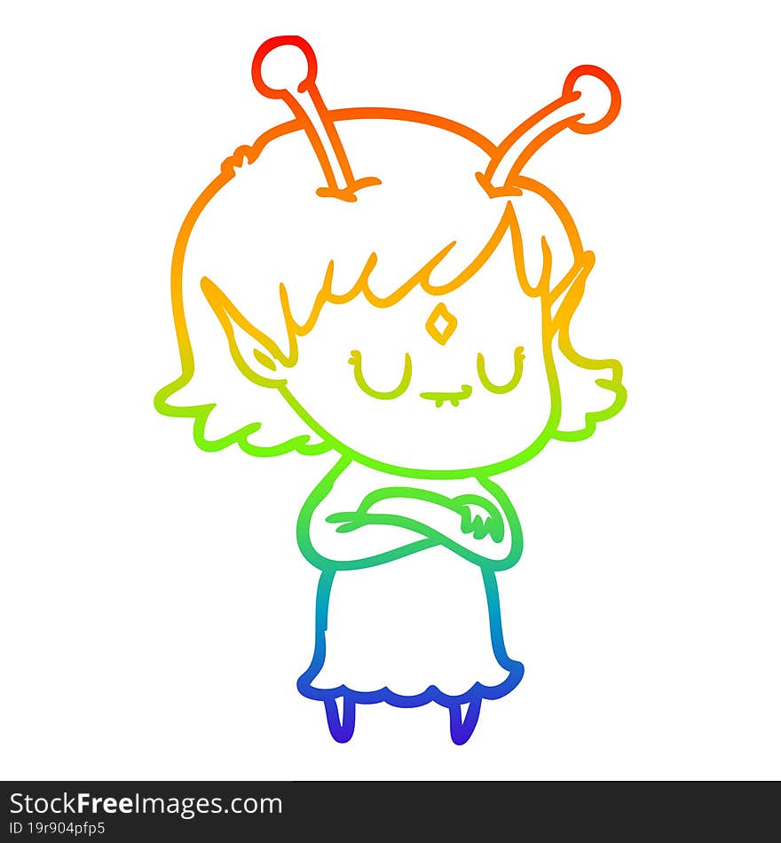 rainbow gradient line drawing of a cartoon alien girl