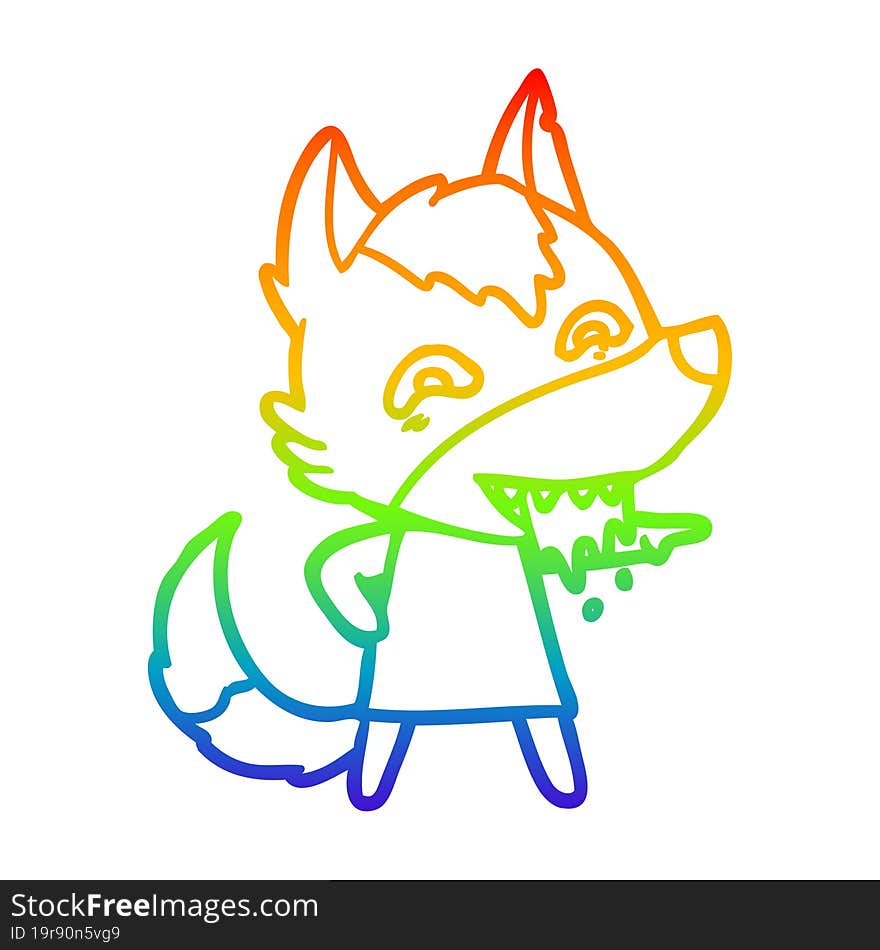 rainbow gradient line drawing of a cartoon hungry wolf