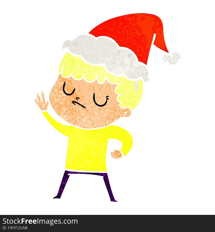 retro cartoon of a grumpy boy wearing santa hat