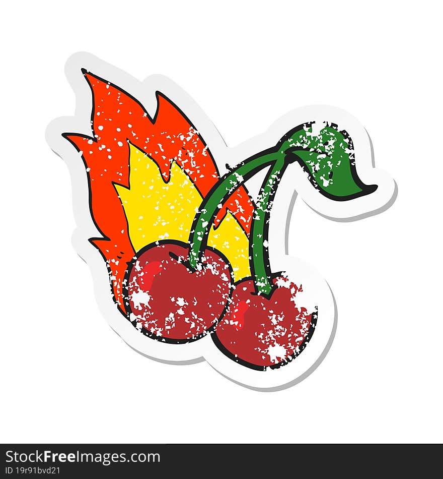 retro distressed sticker of a cartoon flaming cherries