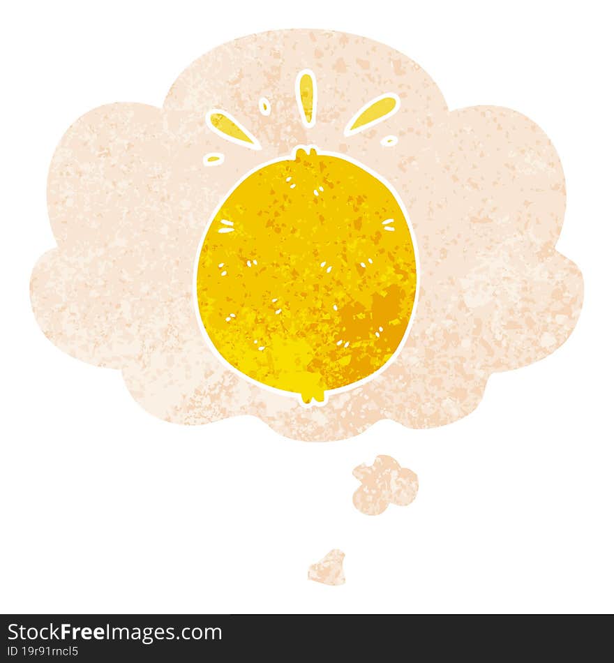 cartoon lemon and thought bubble in retro textured style