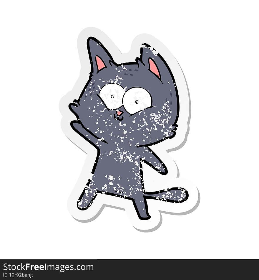 distressed sticker of a cartoon cat waving