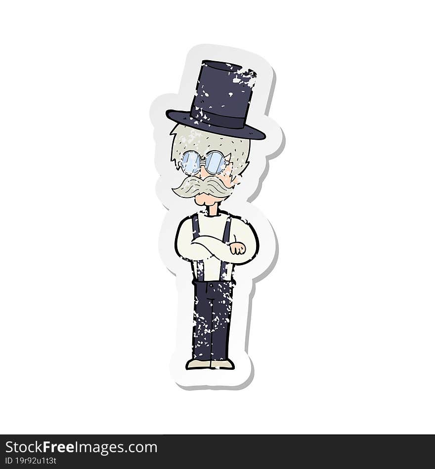 retro distressed sticker of a cartoon man wearing hat