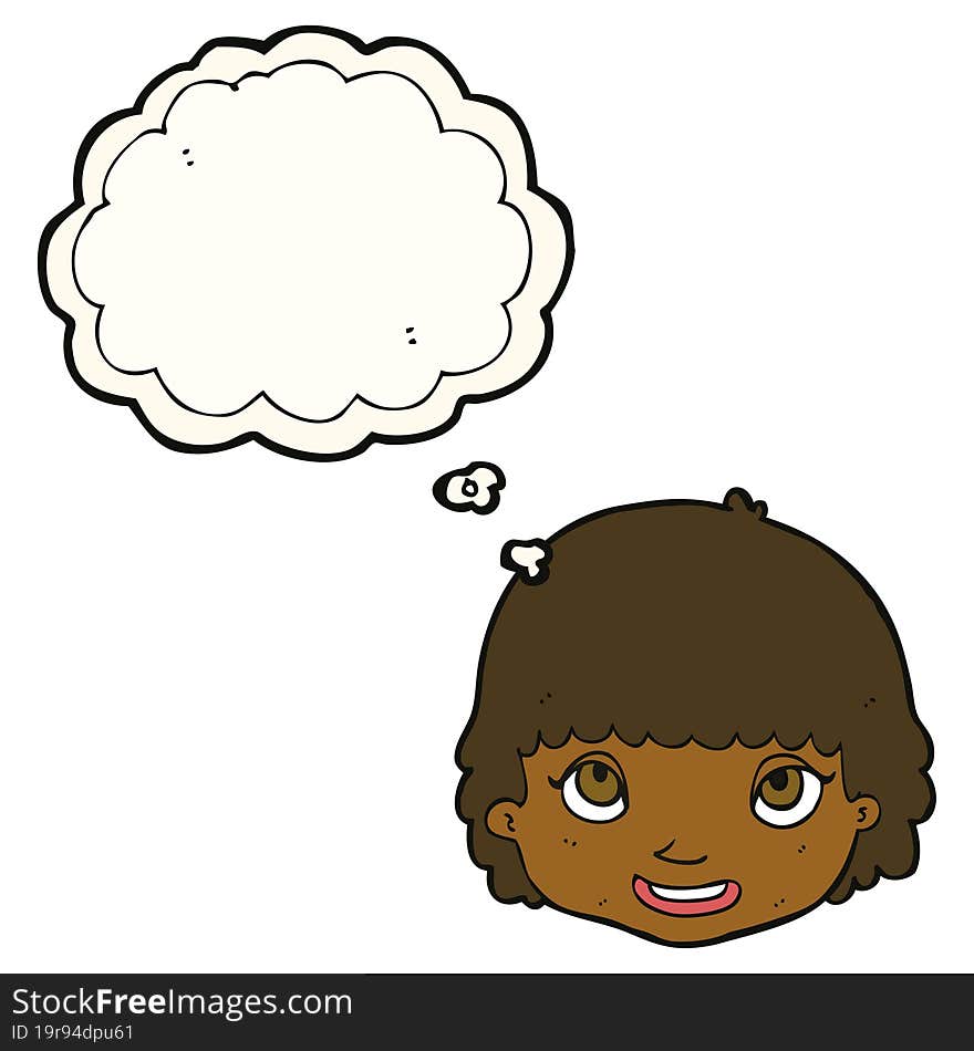 cartoon happy female face with thought bubble