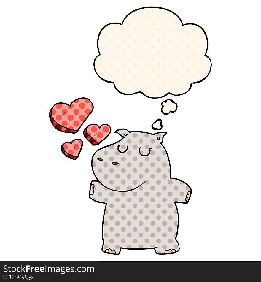 cartoon hippo in love with thought bubble in comic book style