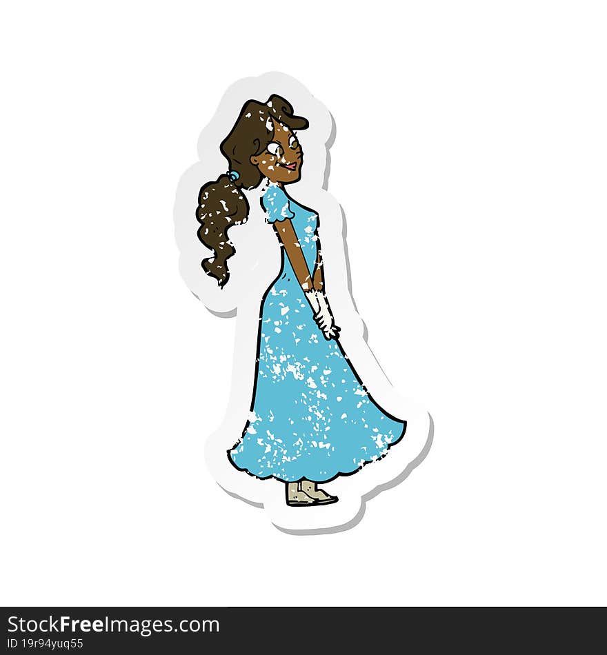 retro distressed sticker of a cartoon pretty woman in dress