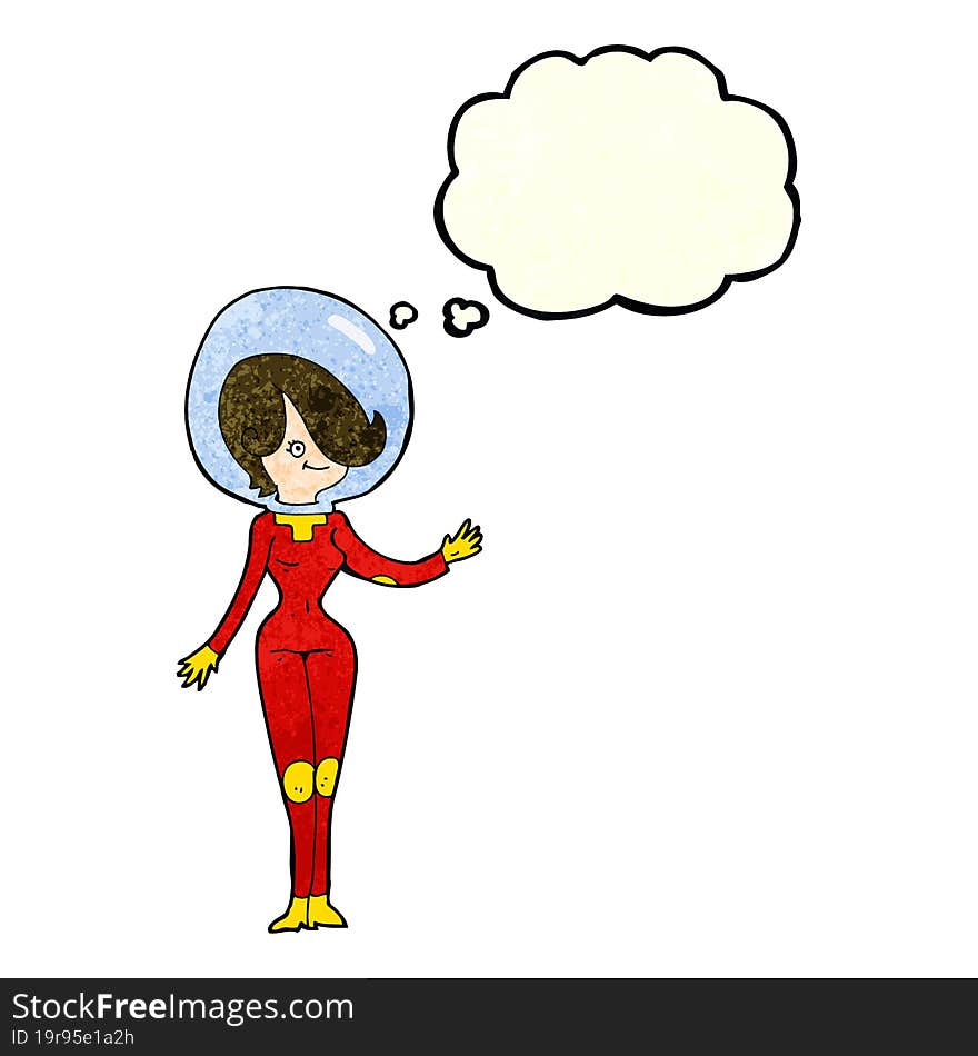 cartoon space woman with thought bubble