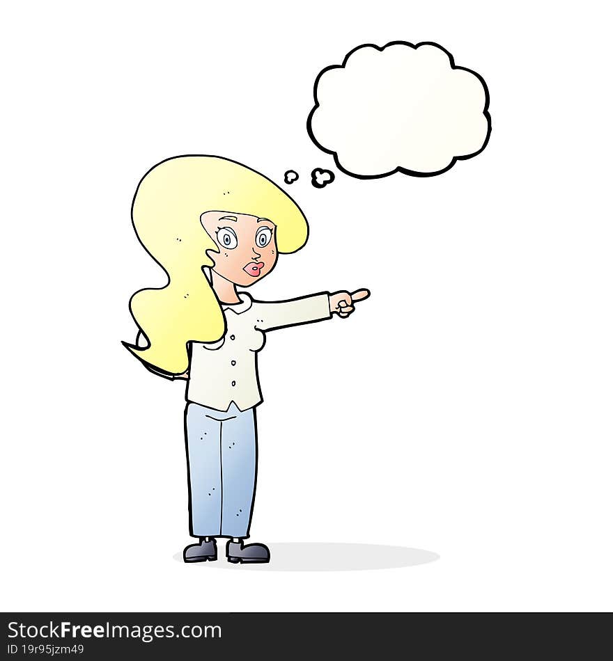 Cartoon Pretty Woman Pointing With Thought Bubble