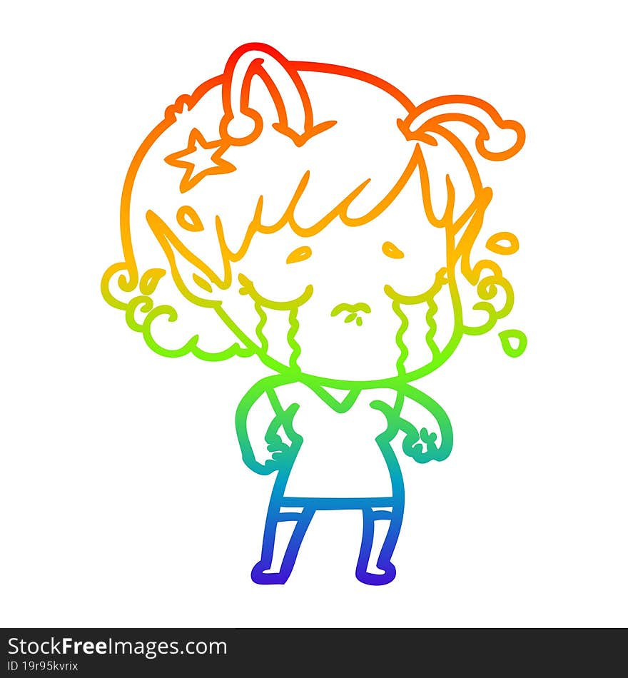 rainbow gradient line drawing cartoon crying alien girl