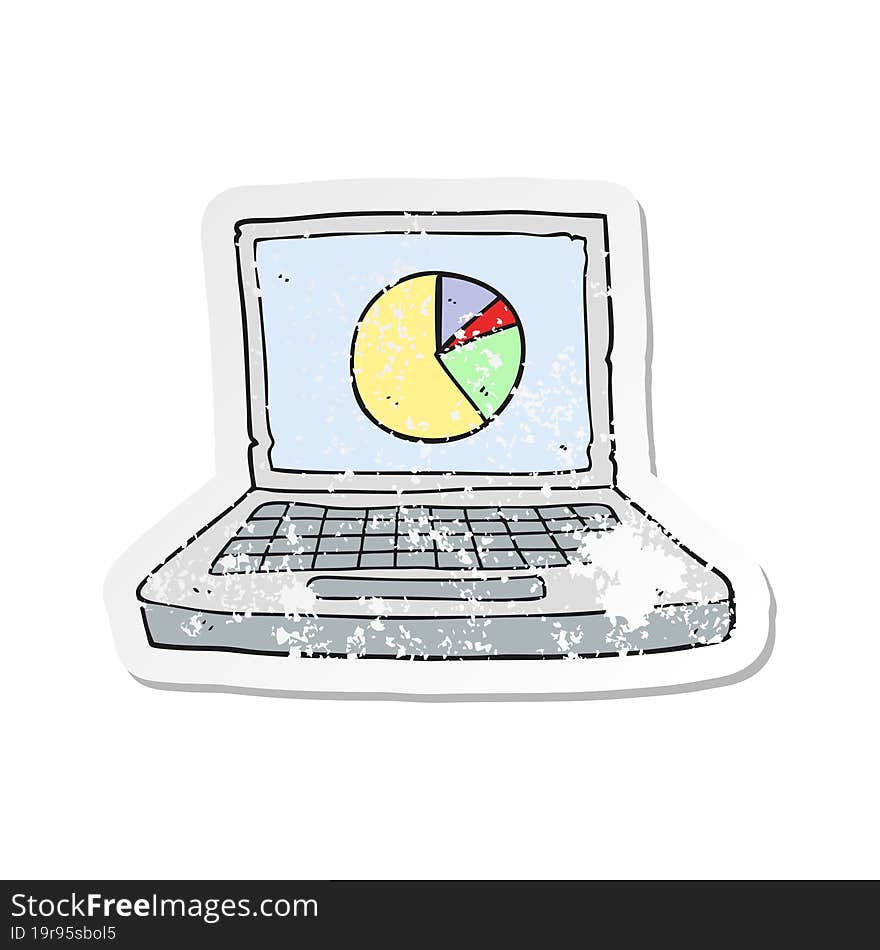 Retro Distressed Sticker Of A Cartoon Laptop Computer With Pie Chart