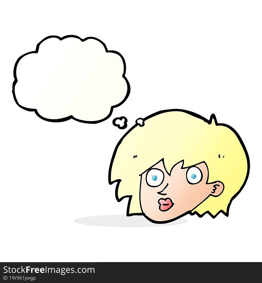 cartoon surprised female face with thought bubble