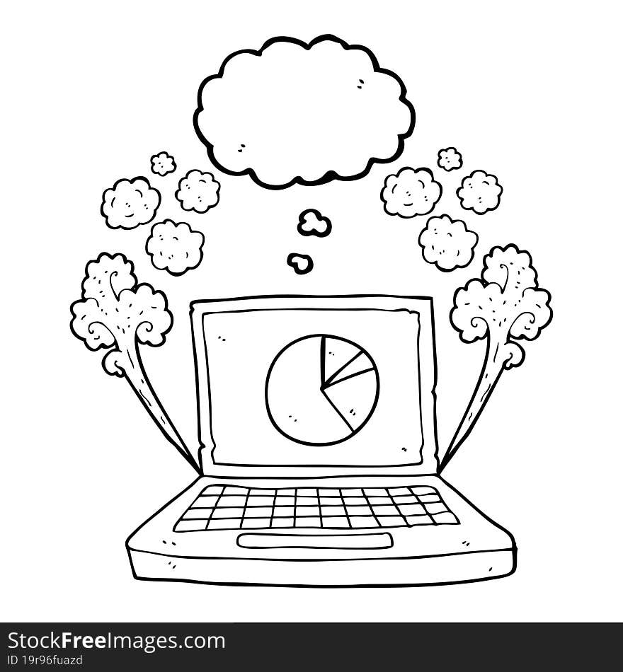 freehand drawn thought bubble cartoon laptop computer with pie chart