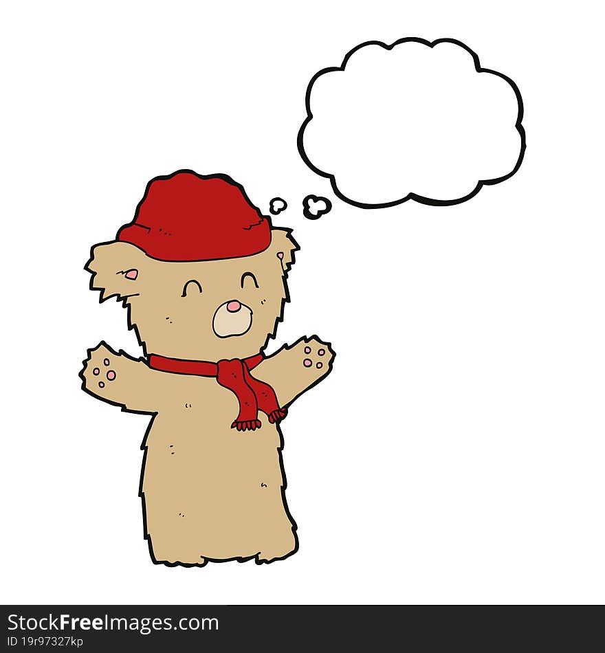 cartoon teddy bear in hat and scarf with thought bubble