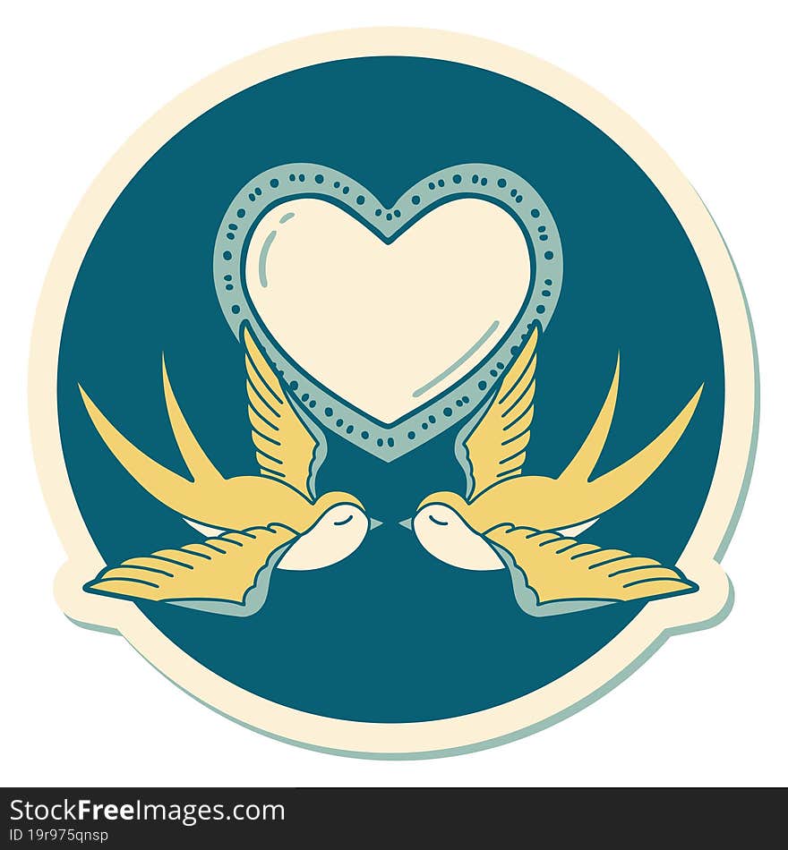 sticker of tattoo in traditional style of swallows and a heart. sticker of tattoo in traditional style of swallows and a heart