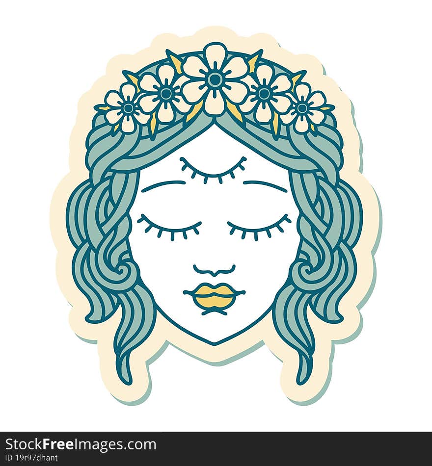 sticker of tattoo in traditional style of female face with third eye. sticker of tattoo in traditional style of female face with third eye