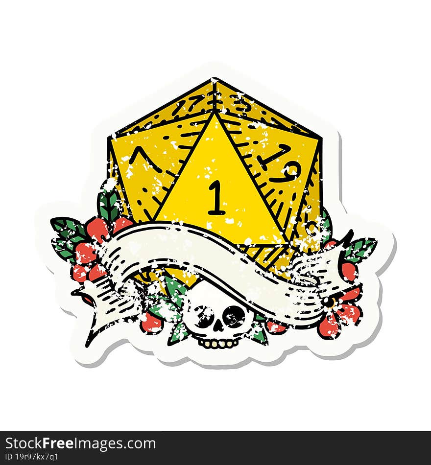 natural one d20 dice roll grunge sticker