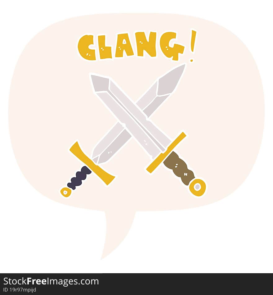 cartoon sword fight with speech bubble in retro style