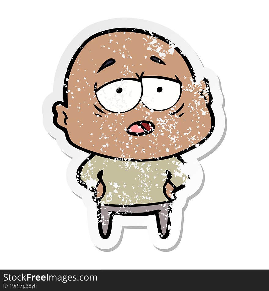 Distressed Sticker Of A Cartoon Tired Bald Man