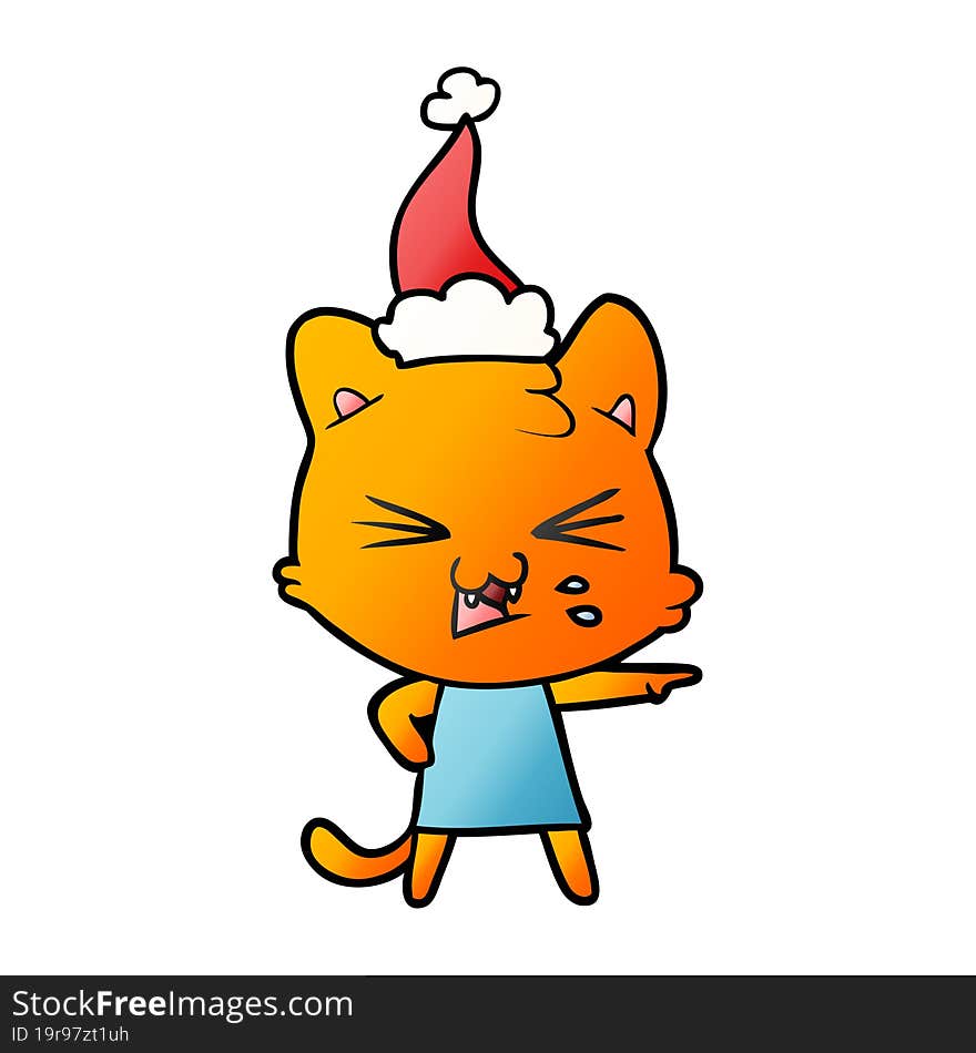 gradient cartoon of a hissing cat wearing santa hat