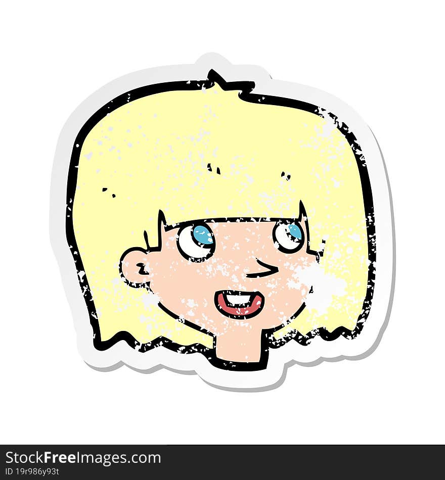 retro distressed sticker of a cartoon happy female face