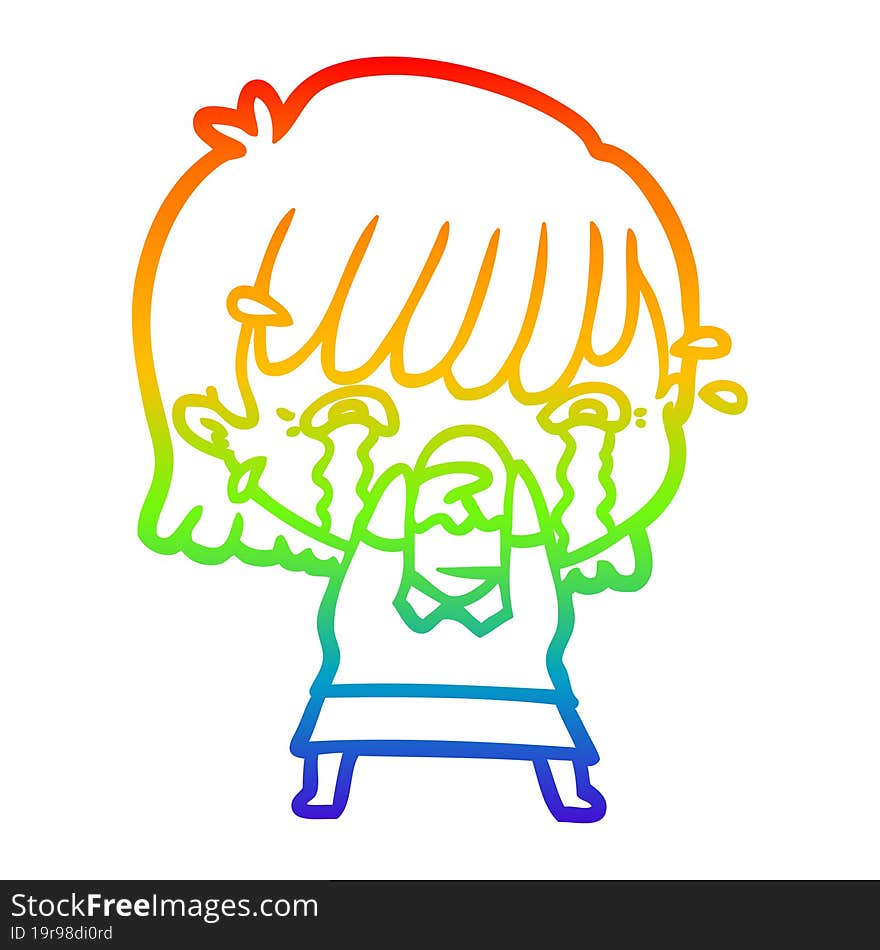 rainbow gradient line drawing of a cartoon girl crying