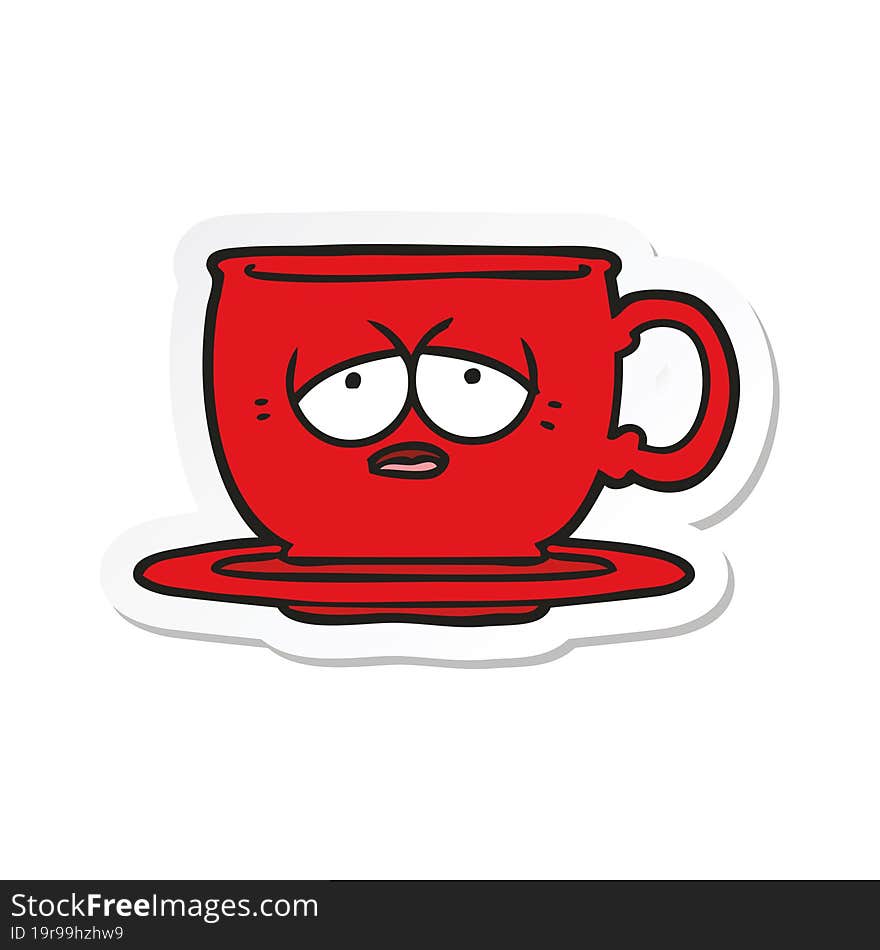 Sticker Of A Cartoon Tired Tea Cup