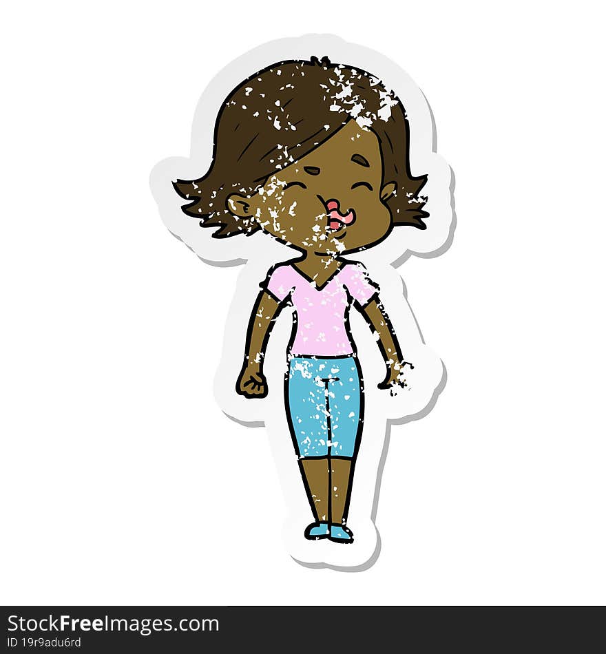 distressed sticker of a cartoon girl pulling face