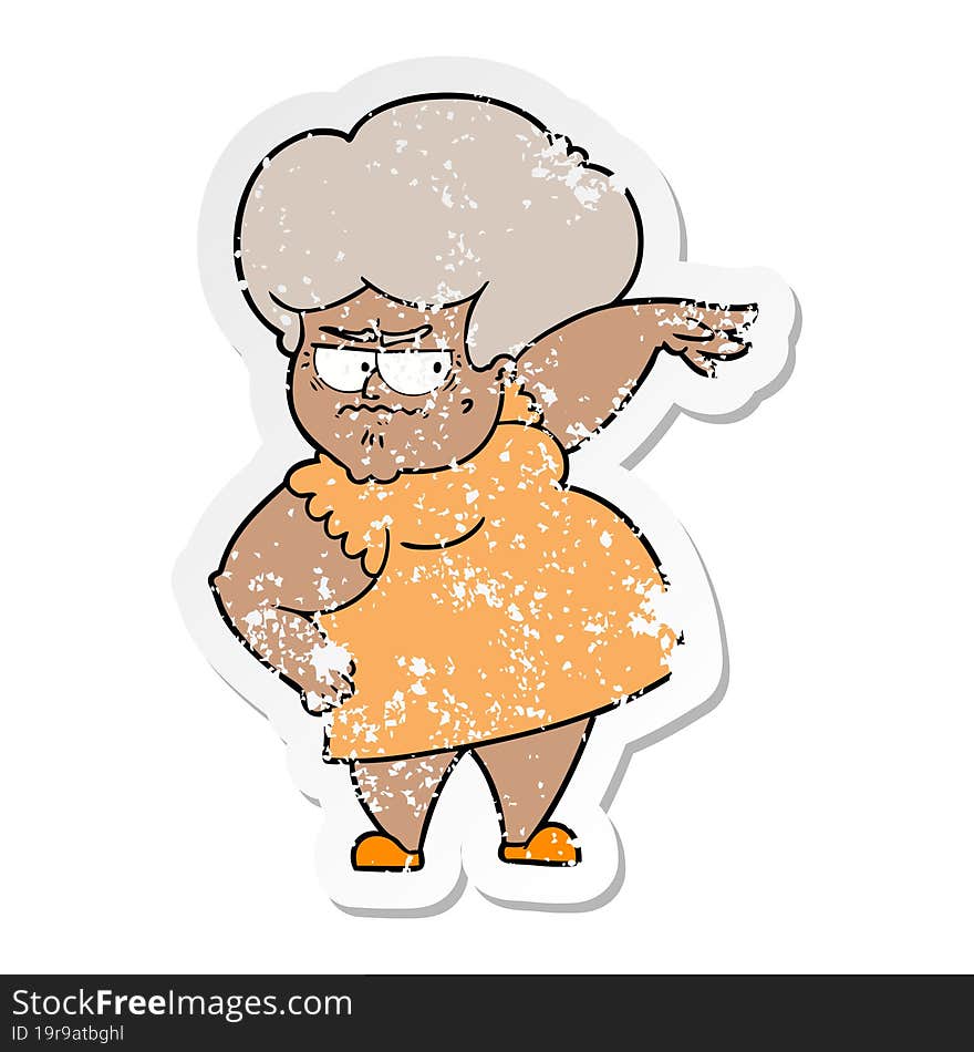 distressed sticker of a cartoon angry old woman