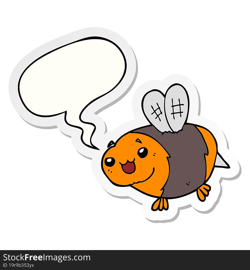 funny cartoon bee with speech bubble sticker. funny cartoon bee with speech bubble sticker