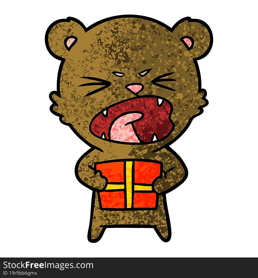 angry cartoon bear with present. angry cartoon bear with present