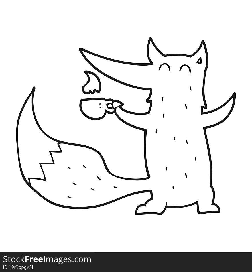 freehand drawn black and white cartoon wolf with coffee cup