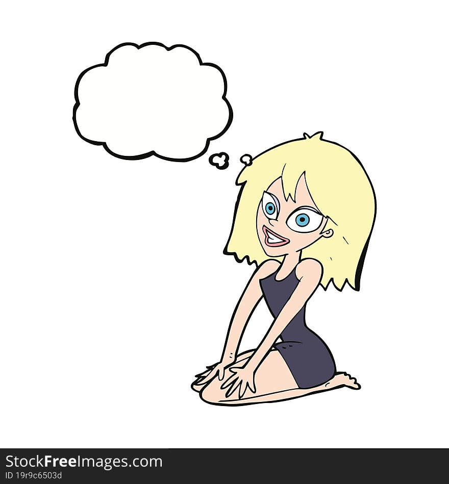 cartoon happy woman in dress with thought bubble