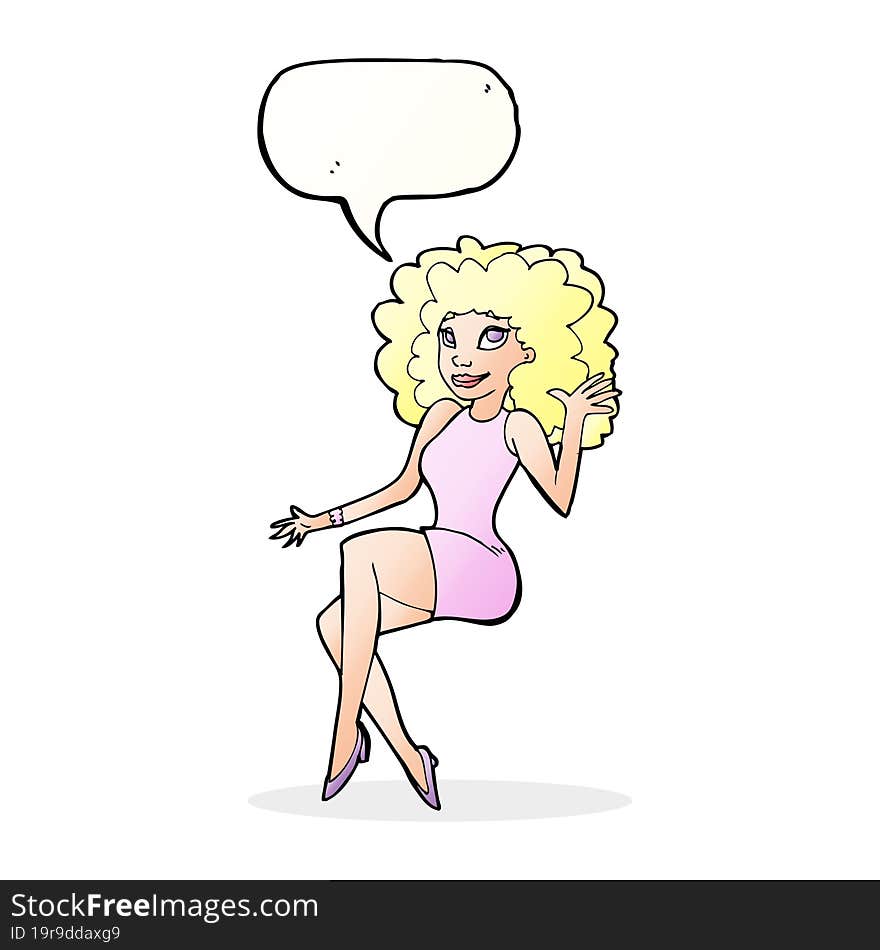 cartoon sitting woman waving with speech bubble