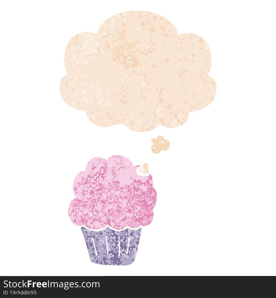 cartoon cupcake and thought bubble in retro textured style